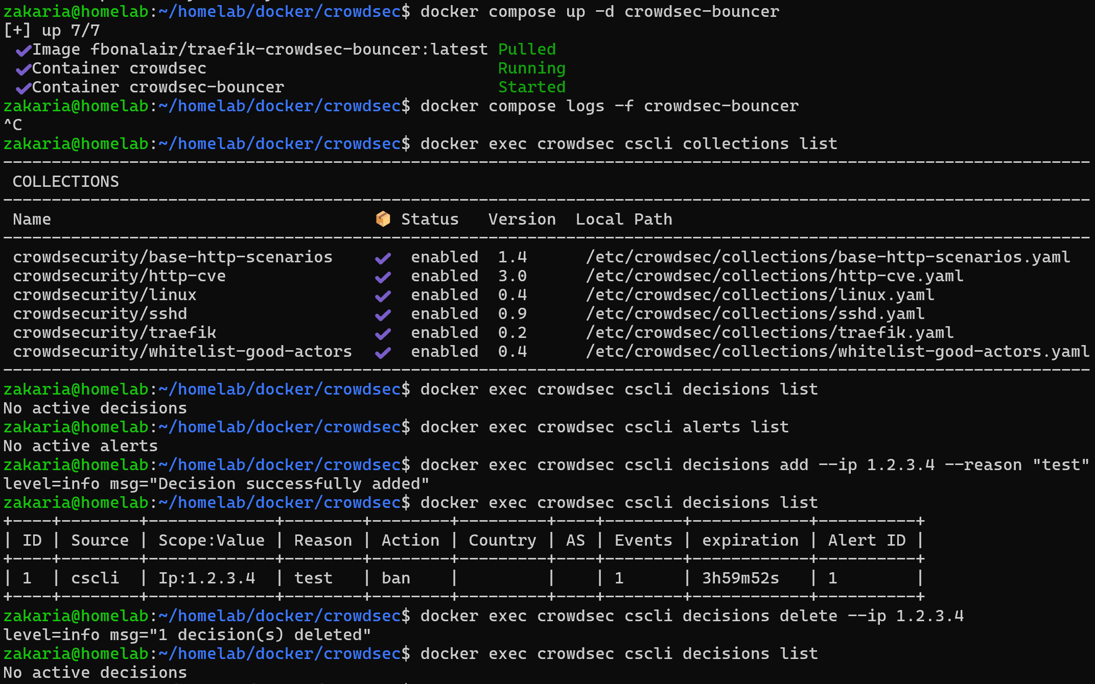 CrowdSec collections and a test decision